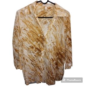COLDWATER CREEK PLUS SIZE 1X 100% COTTON TOFFY/TAN WATERCOLOR PRINT BLOUSE